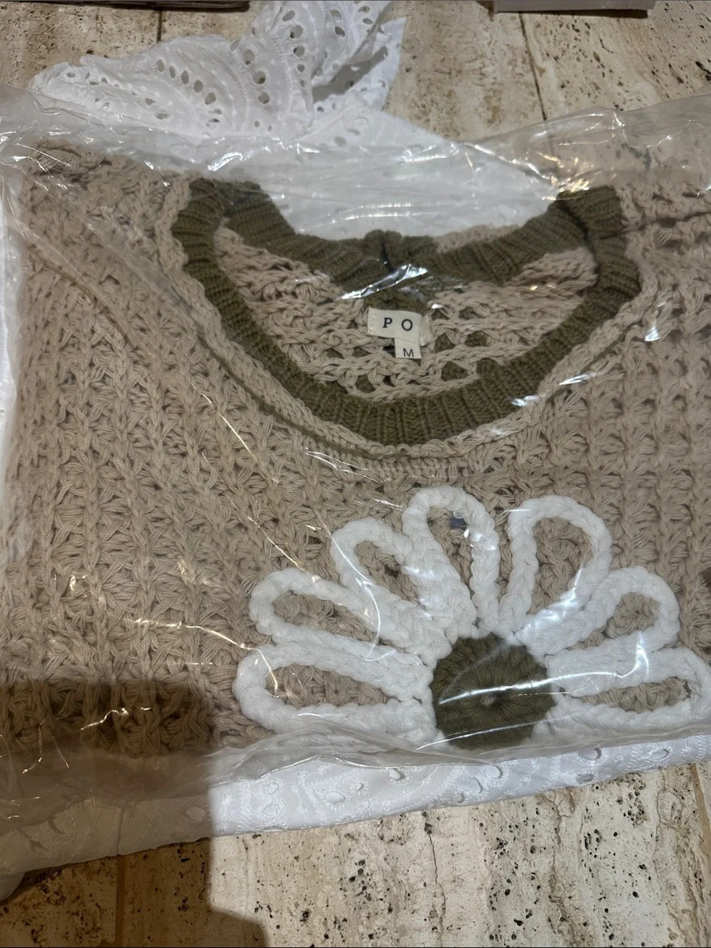 POL Open-Knit Daisy Appliqué Short Sweater in Beige and Olive